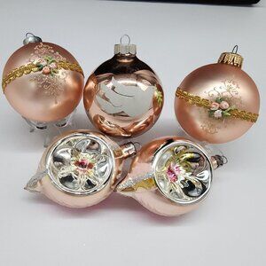 Vintage Rose Gold Glass Christmas Ornaments Set Of 5 With Floral & Dove Design